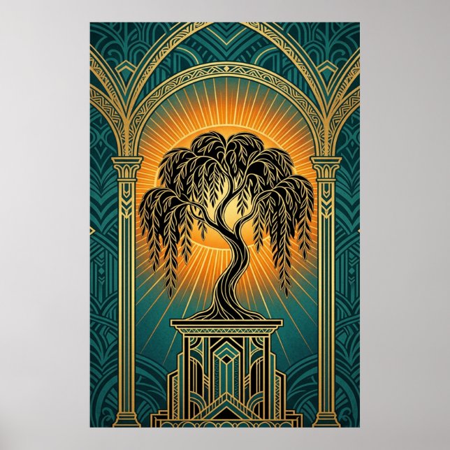 Elegant Art Deco Weeping Willow Gold & Teal Poster (Vorne)