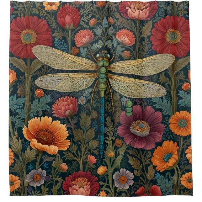 Elegant art nouveau Autumn floral Dragonfly Duschvorhang (Vorderseite)