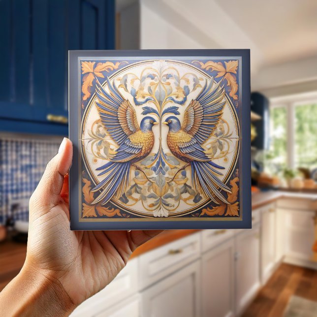 Elegant Art Nouveau Birds Pat#21 Blue Gold ID1078 Fliese (Von Creator hochgeladen)