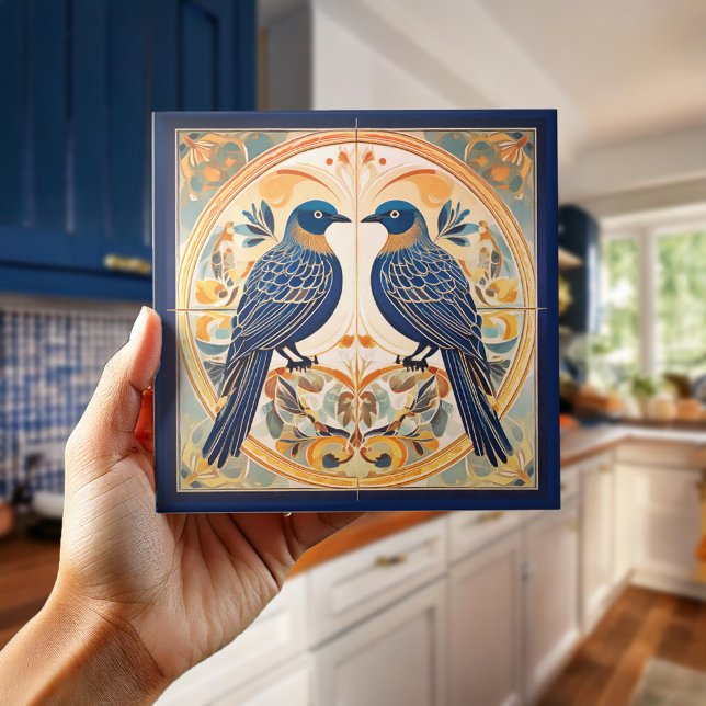 Elegant Art Nouveau Birds Pat#22 Blue Peach ID1078 Fliese (Von Creator hochgeladen)
