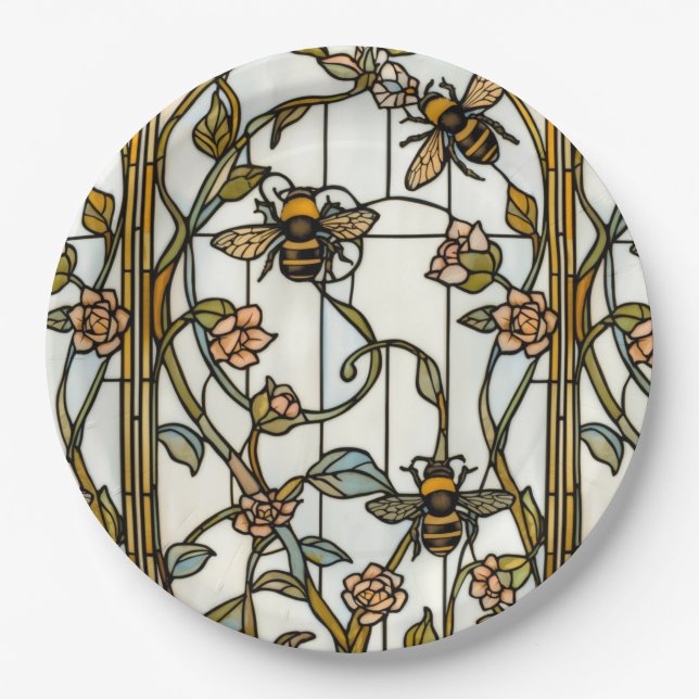 Elegant art nouveau botanical  bee stain glass pappteller (Vorderseite)