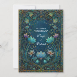 Elegant Art Nouveau Cyan Lotus Floral Wedding Einladung