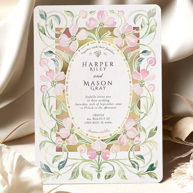 Elegant Art Nouveau Pink Floral Gold Frame Wedding Einladung (Von Creator hochgeladen)
