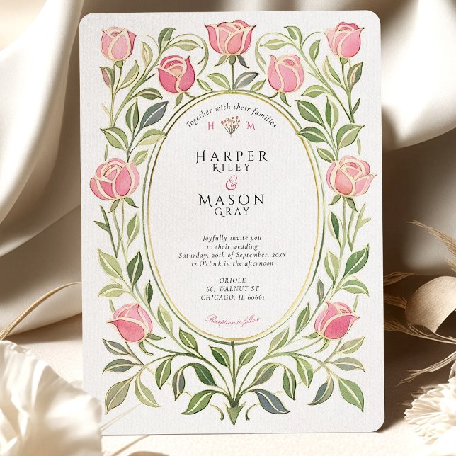Elegant Art Nouveau Pink Rose Floral Wedding Einladung (Von Creator hochgeladen)