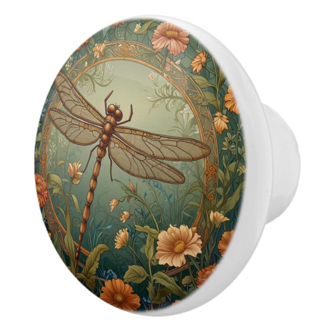 Elegant Art Nouveau Spring green Dragonfly Keramikknauf (Rechts)