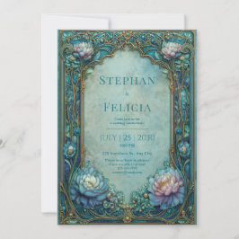 Elegant Art Nouveau Teal Floral Arched Wedding Einladung