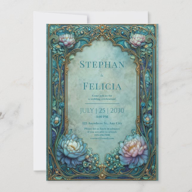 Elegant Art Nouveau Teal Floral Arched Wedding Einladung (Vorderseite)