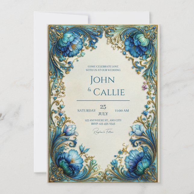 Elegant Art Nouveau Teal Floral Gilded Wedding Einladung (Vorderseite)