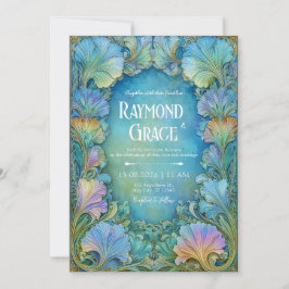 Elegant Art Nouveau Teal Mosaic Floral Wedding Einladung