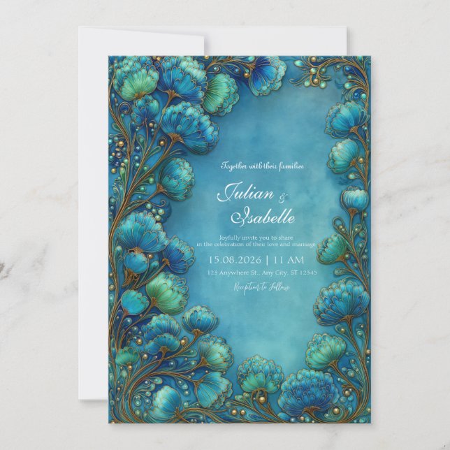 Elegant Art Nouveau Teal Scalloped Floral Wedding Einladung (Vorderseite)