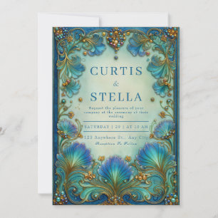 Elegant Art Nouveau Türkis Blumen Antike Hochzeit Einladung