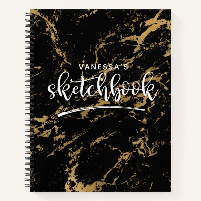 Elegant Artist Sketchbook Dein Name Schwarze Marmo Notizbuch (Vorderseite)