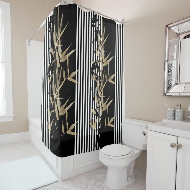 Elegant Asianstyle Schwarz-weiß Stripe Gold Bamboo Duschvorhang (Beispiel)