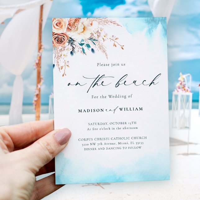 Elegant Auf dem Strand Wasserfarben Hochzeit Einla Einladung (Von Creator hochgeladen)