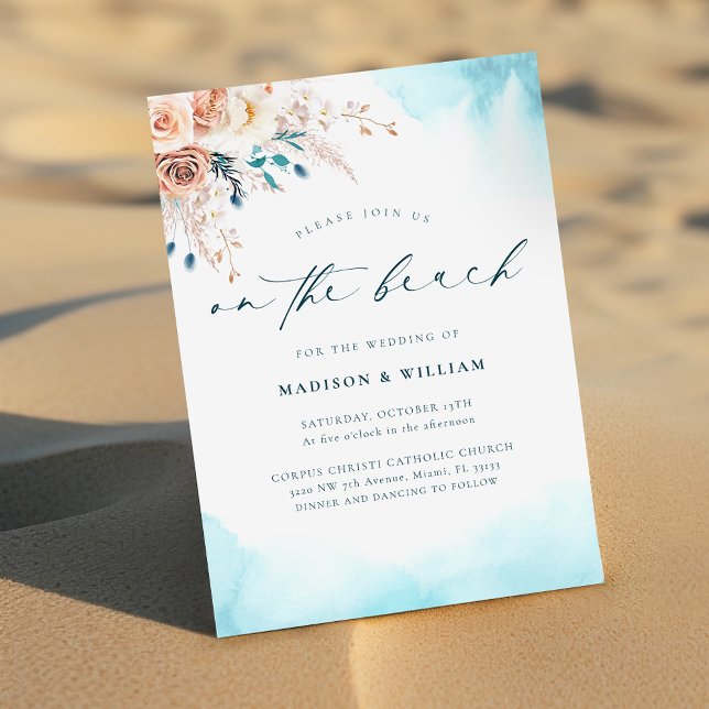 Elegant Auf der Blue Watercolor Hochzeit am Strand Einladung (Von Creator hochgeladen)