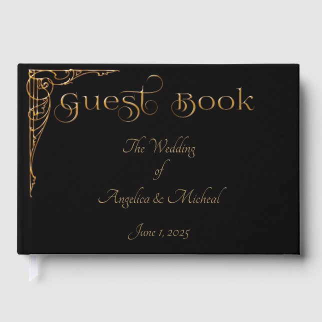 Elegant, ausgeklügelt, dramatische Black & Gold Gästebuch (Vorderseite)