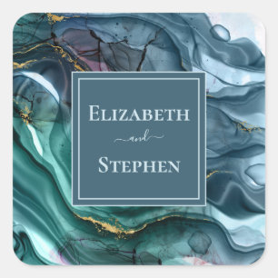 Élégant Autocollant Carré Mariage Turquoise & Or