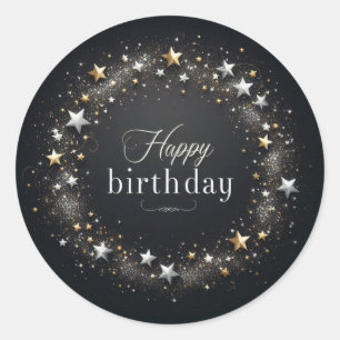 Élégant autocollant d'anniversaire noir luxueux.
