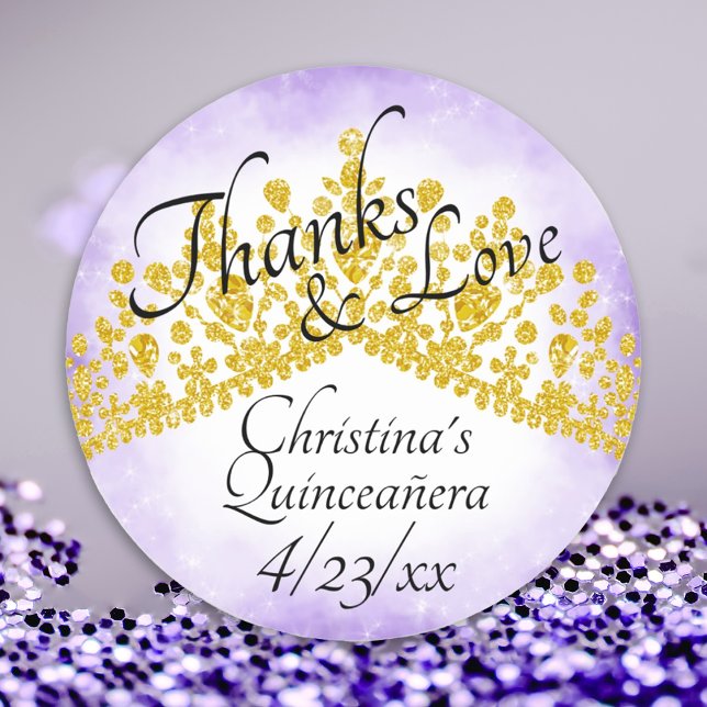 Élégant Autocollant Purple & Gold Tiara Quinceaner (round gold lavender purple quinceanera stickers gold tiara crown elegant script writing label favor)