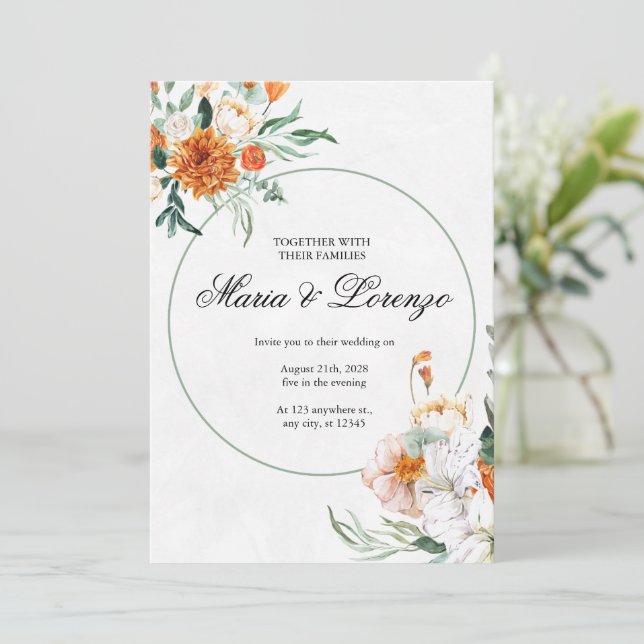 Elégant automne Faire-part de mariage floral aquar (Debout devant)