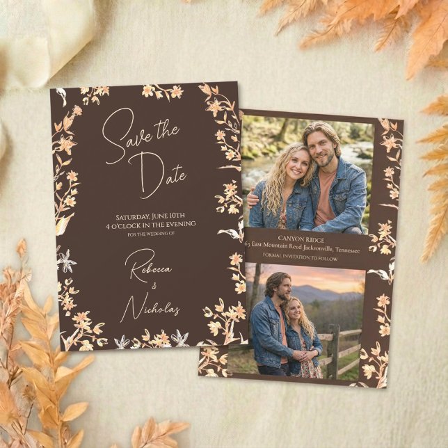 Elegant Autumn Copper Wildflowers Script 2 Photo Save The Date (Von Creator hochgeladen)