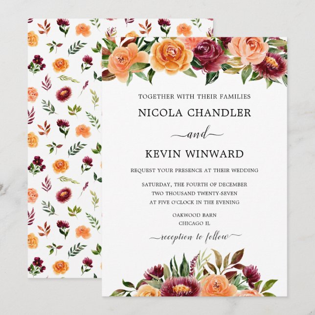 Elegant Autumn Floral Wedding Einladung (Vorne/Hinten)