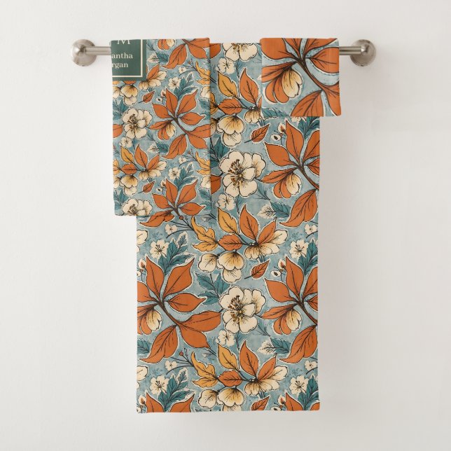 Elegant Autumn Flowers Sage Green Rust Tones Bath Badhandtuch Set (Insitu)