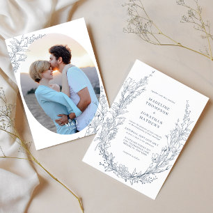 Elegant Azure Ivory Floral Monogram Foto Wedding Einladung