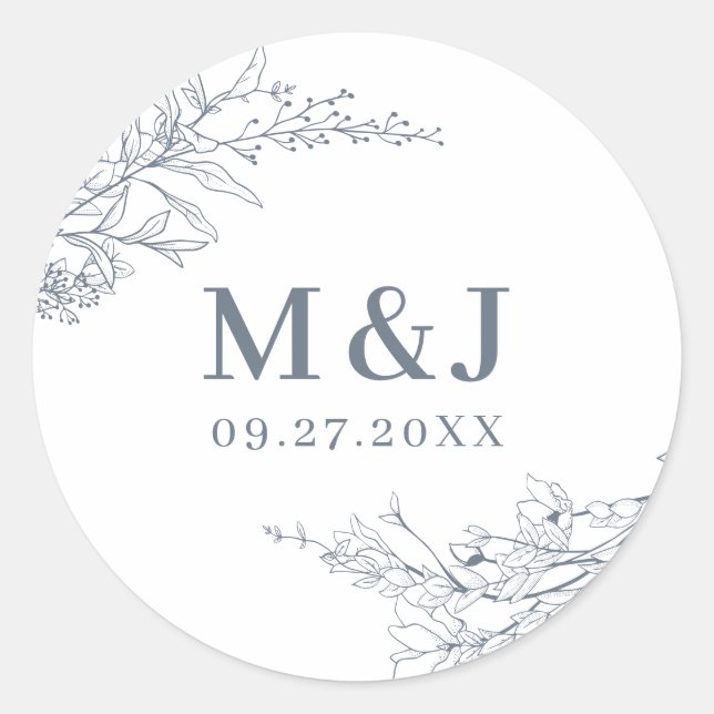 Elegant Azure Ivory Floral Wreath Monogram Wedding Runder Aufkleber (Vorderseite)