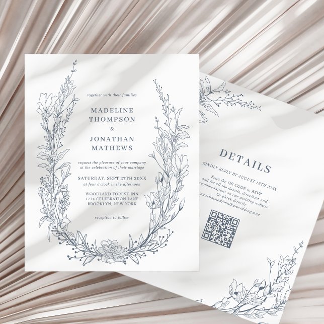 Elegant Azure Ivory Floral Wreath QR Code Wedding (Von Creator hochgeladen)