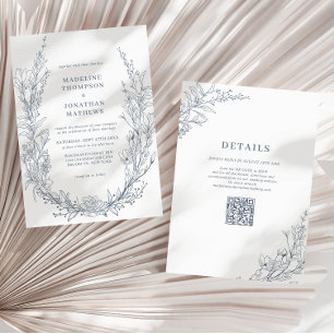 Elegant Azure Ivory Floral Wreath QR Code Wedding Einladung