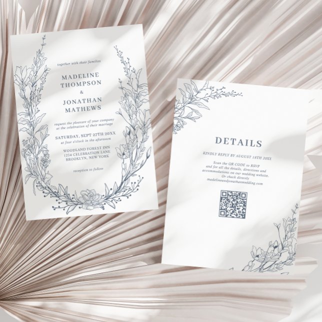 Elegant Azure Ivory Floral Wreath QR Code Wedding Einladung (Von Creator hochgeladen)