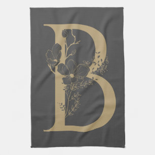 Elegant B Boho Floral Monogram Initial Gray Gold Geschirrtuch
