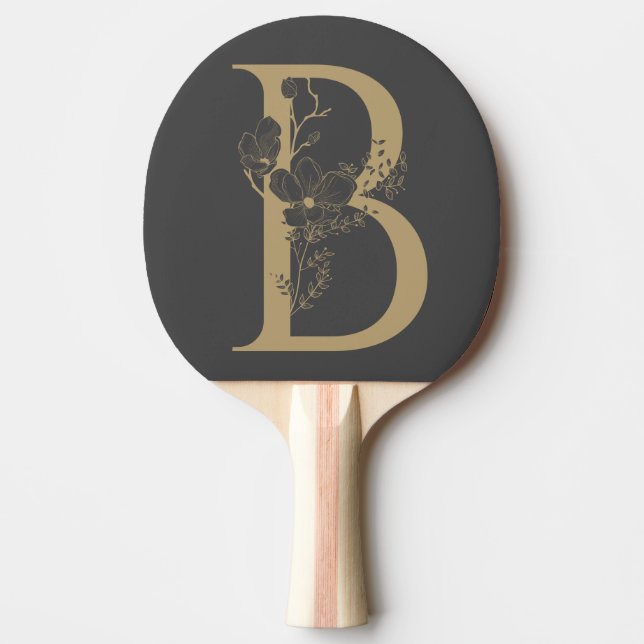 Elegant B Boho Floral Monogram Initial Gray Gold Tischtennis Schläger (Vorderseite)