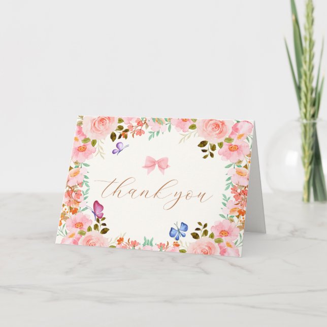 Elegant Baby Bloom Floral Butterfly Baby Shower Dankeskarte (Vorderseite)