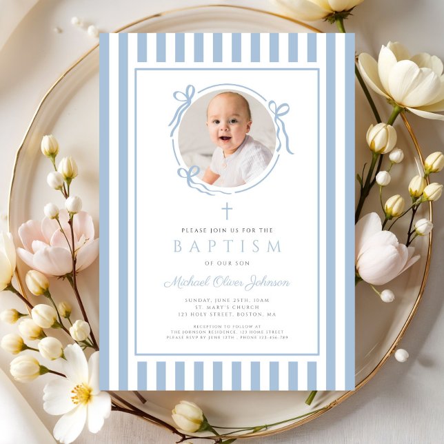 Elegant Baby Blue Bow Photo Boy Baptism Einladung (Elegant Baby Blue Bow Photo Boy Baptism Invitation)