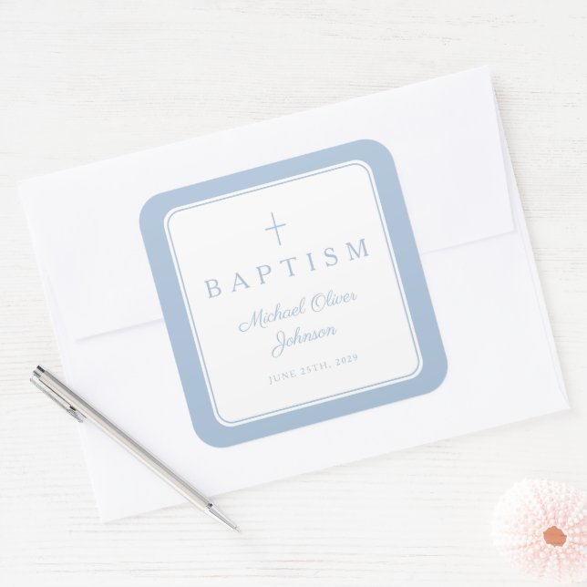 Elegant Baby Blue Cross Boy Baptism  Quadratischer Aufkleber (Umschlag)