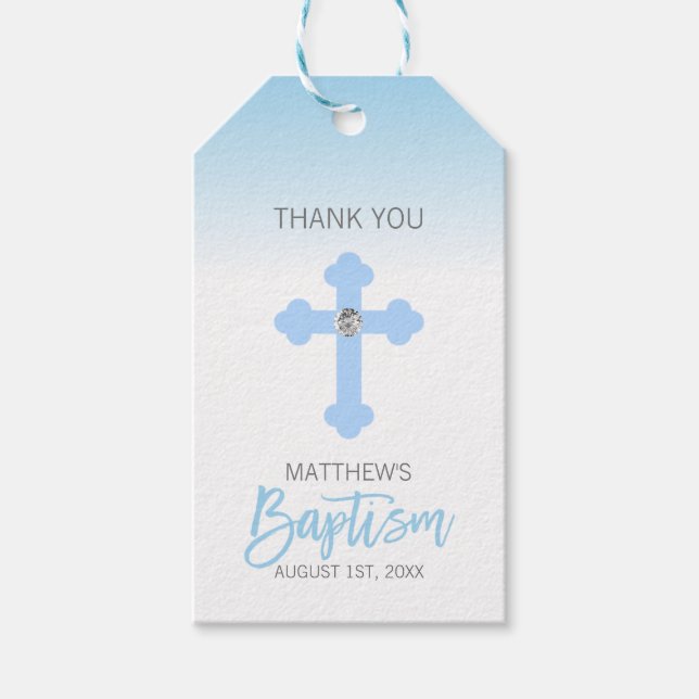 Elegant Baby Blue Cross DANK YOU Baptisboy Geschenkanhänger (Vorderseite)