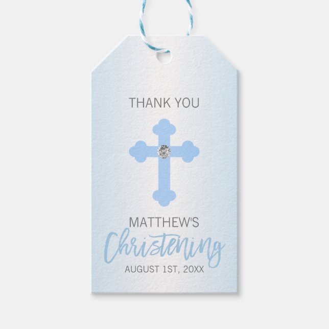 Elegant Baby Blue Cross DANK YOU Christening Boy Geschenkanhänger (Vorderseite)