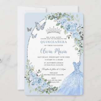 Elegant Baby Blue Floral Dress Silver Quinceañera Einladung
