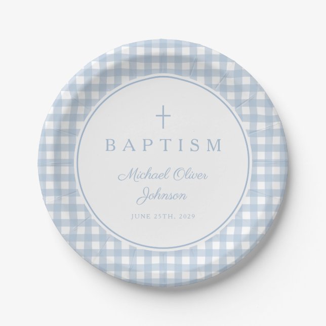 Elegant Baby Blue Gingham Boy Baptism Pappteller (Vorderseite)