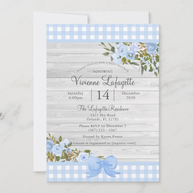 Elegant Baby Blue Gingham Floral Baby Shower Einladung (Vorderseite)