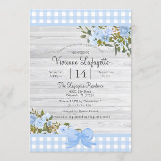 Elegant Baby Blue Gingham Floral Baby Shower Einladung