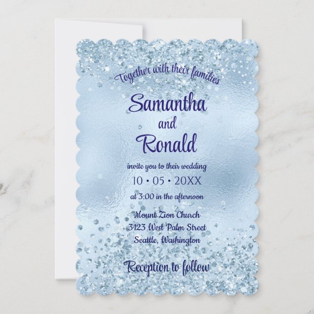 Elegant Baby Blue Glitzer and Foil Wedding Einladung (Vorderseite)