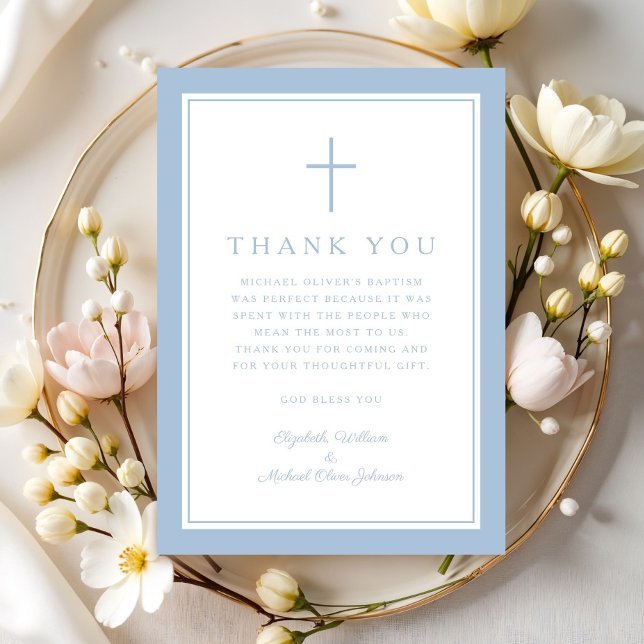 Elegant Baby Blue Religious Cross Baptism Dankeskarte (Elegant Baby Blue Religious Cross Baptism Thank You Card)