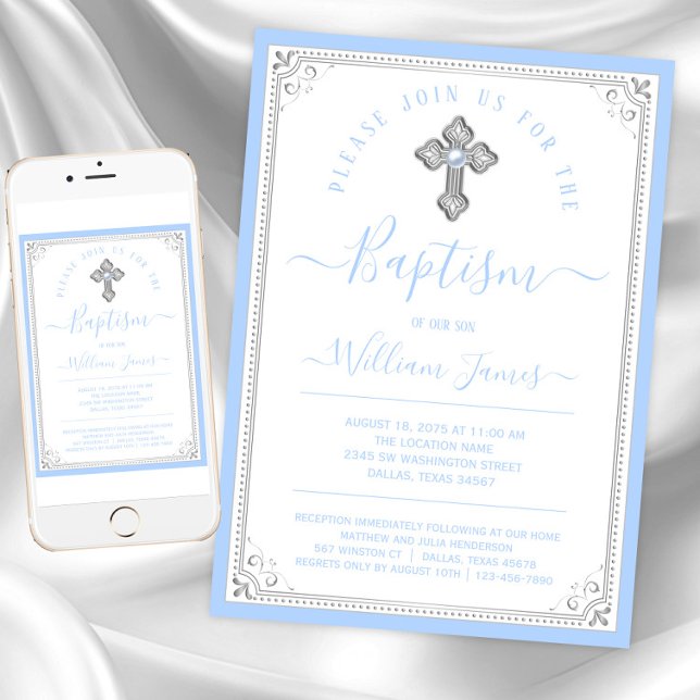Elegant Baby Blue Silver Boy Baptisse Einladung (Baby blue silver cross baptism invitation. Instant download and printed invitations available.)