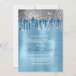 Elegant Baby Blue Sparkle Glitzer Tropfen Geburtst Einladung