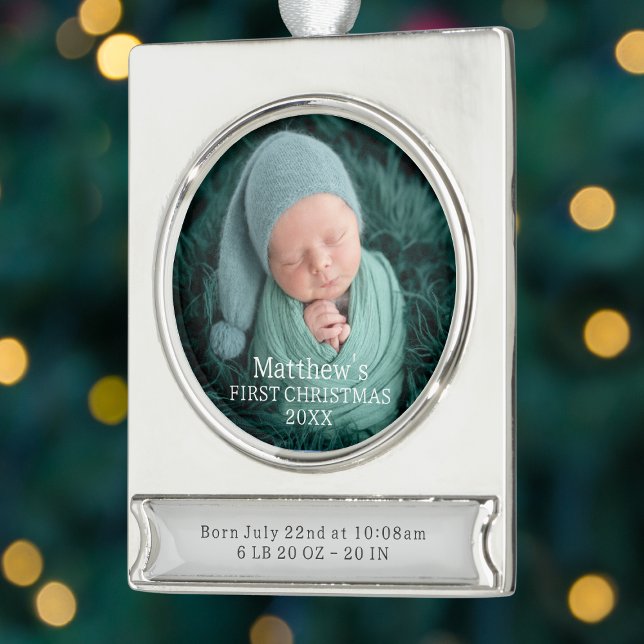 Elegant Baby Boy Birth Stats First Christmas Banner-Ornament Silber (Elegant Baby Boy Birth Stats First Christmas Silver Plated Banner Ornament
)