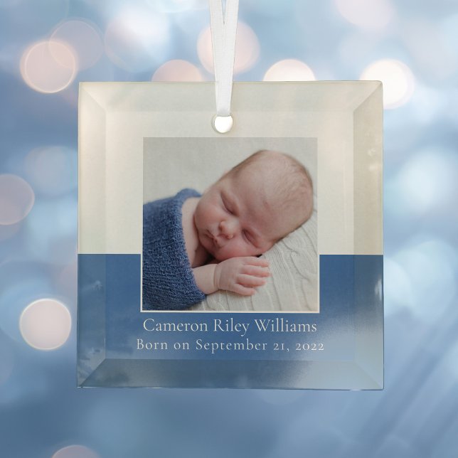 Elegant Baby Boy Foto Blue Birth Keepake Ornament Aus Glas (Von Creator hochgeladen)