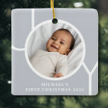 Elegant Baby Boy's First Christmas Foto Gray Keramikornament<br><div class="desc">Dieses elegante Baby Boy's First Christmas Foto Ornament ist mit dem Wort JOY auf einem grauen Hintergrund dekoriert. Einfach mit Foto,  Name und Jahr anpassbar.</div>